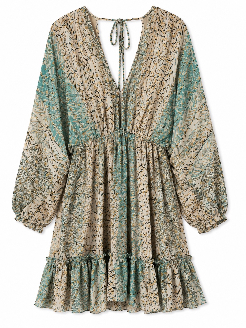 LoveStitch Boho Metallic Gold Print Mini Dress – Size Medium